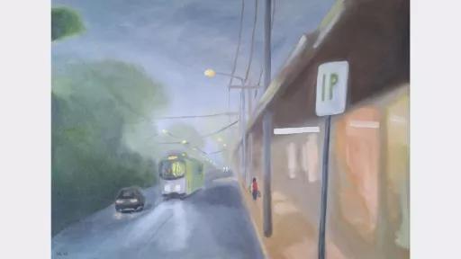 An atmospheric painting of an urban landscape, including trees, a road, cars, a tram, power lines, street lamps and a small figure walking along an underpass