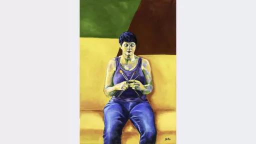 A painting of a woman holding paint brushes like knitting needles, sitting on a yellow couch in front of  green and brown abstract background.