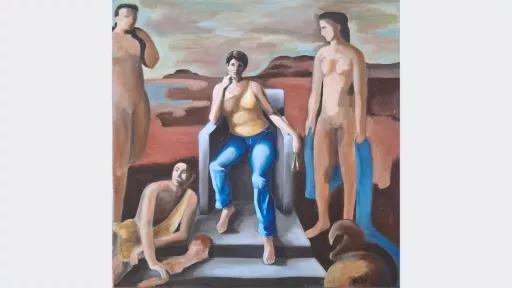 A group of semi-abstracted figures stand in front of a barren landscape. The central figure is seated, holding paint brushes. 