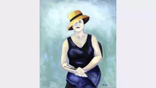 A painting of a woman wearing a yellow hat and holding paint brushes in front of a pale blue background. 