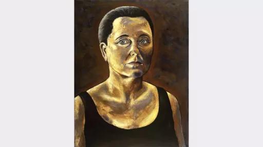 Highly contrasting painting of a woman with her hair smoothed back, wearing a black singlet on a brown background. 