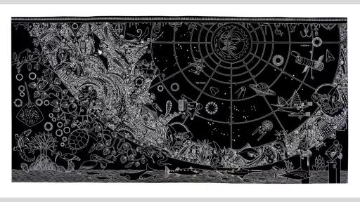 This image depicts a detailed black and white linocut artwork. It combines natural, celestial, and technological elements. On the left, there are representations of flora and fauna, including birds, fish, turtles, crocodiles, and various plants. The centre features intricate patterns that transition into depictions of outer space, with planets, stars, and spacecraft. The right side of the composition includes human figures, structures, and maritime elements such as boats and underwater life. The entire artw