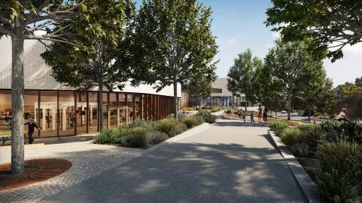 Artist render of a cement walkway flanked by trees