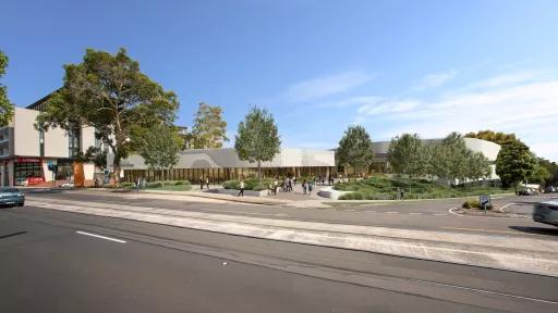 Artist render of a cement building surrounded by mature trees