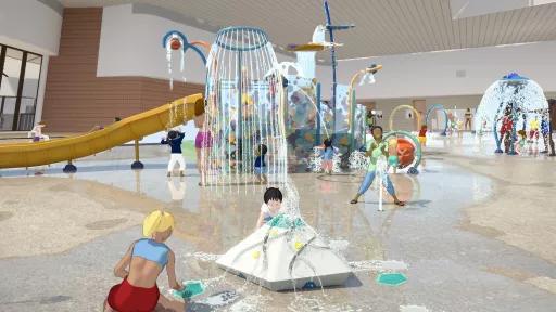 Artist render of an indoor pool space with water play and slide