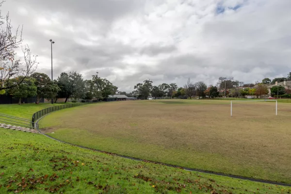 Oval-shaped field with soccer goals, surrounded by a black fence and grass hill with steps. There are trees and houses are in the distance and a right-hand section of the field is not shown.