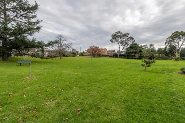 Large grass area containing several small trees. There are tall trees and houses in the distance and a park bench under a large tree to the left.