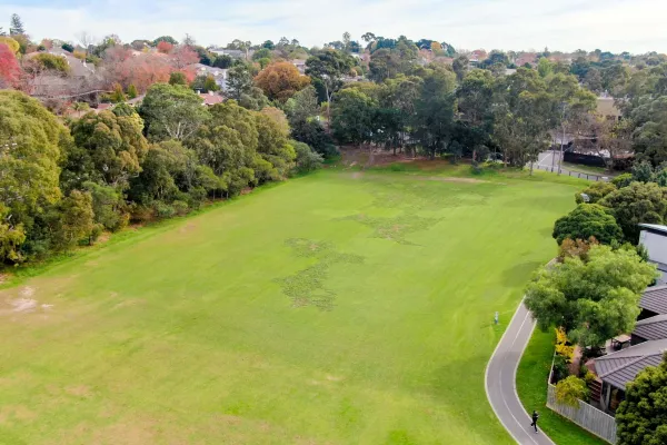 Aerial view of large rectangular grass area with a thick layer of tall trees along the left and at the far end. There is a curved walking path and houses to the bottom right.