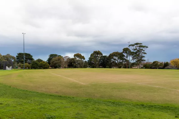 Corner view of soccer pitch with white markings. There is thicker grass in the foreground and tall trees on the horizon. Cricket nets are visible to the far left.