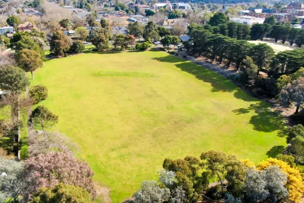 A overhead view of a large sportsfield surrounded by large trees. A cricket pitch is in the centre.