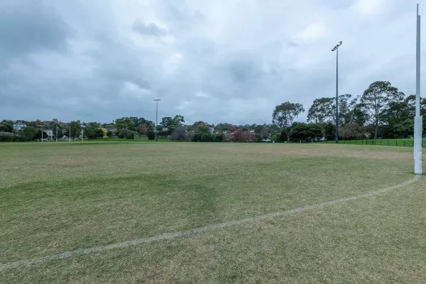 a sportsfields with line oval markings. AFL goal posts and sportsground lighting are visible. on the right